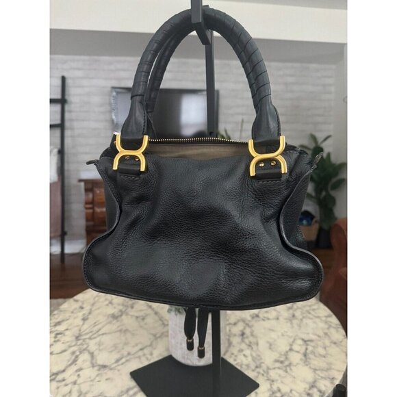 Chloe Dark Navy Pebbled Leather Marcie Satchel Womens Bags Size Medium Authentic - Picture 3 of 15